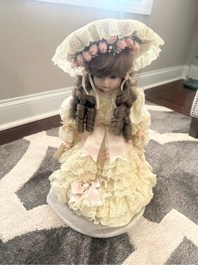 Gorham Vintage Porcelain Doll in Cream Lace with Pink Ribbon Accents